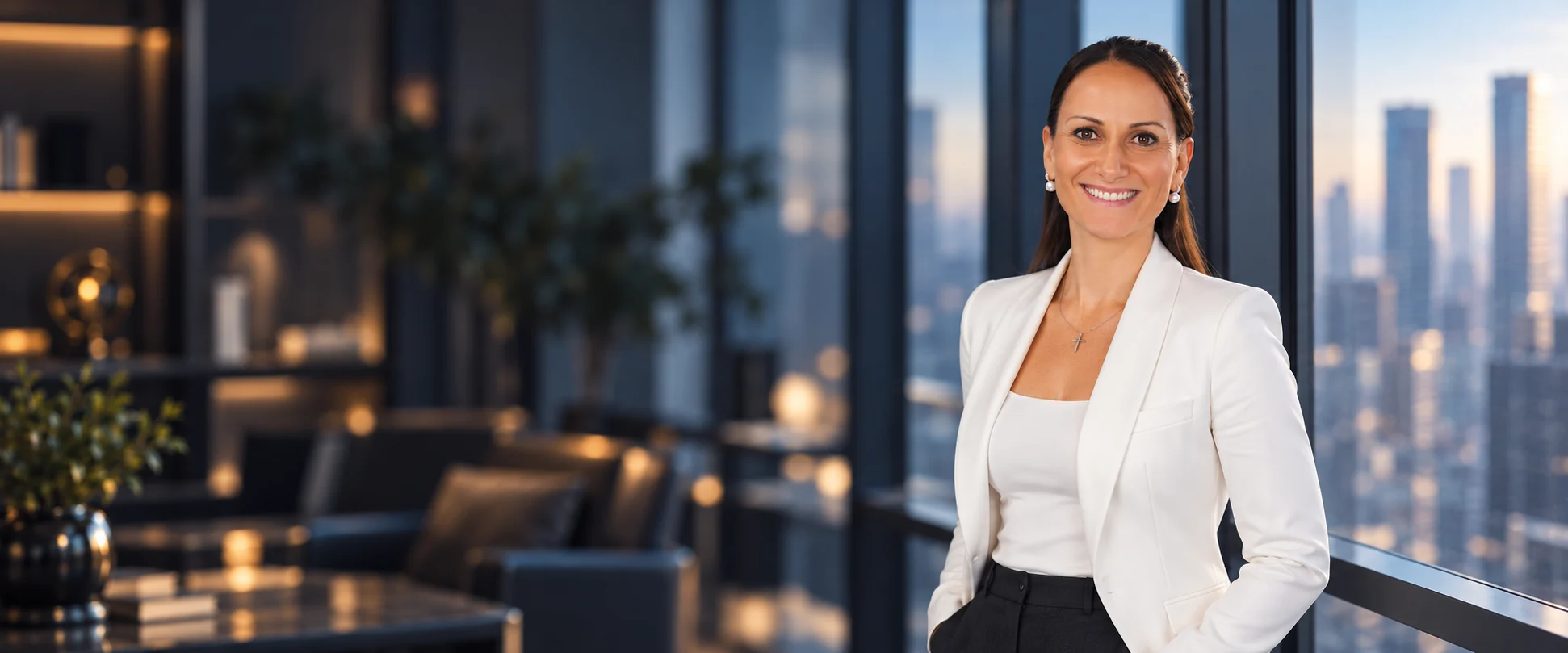 Daniela Isik im Büro mit Blick über die Stadt